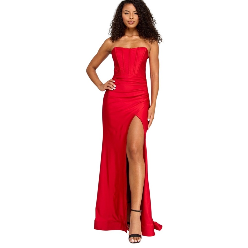 Seni & Cade Corset Gown Women Medium New Red Lace Up Slit Formal MSRP $139